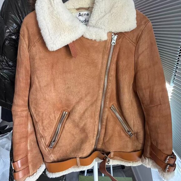 Acne Studios Dark Orange Velocite Suede Shearling Jacket - Picture 1 of 5